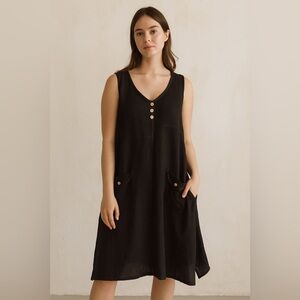 Goa Black Linen Blend Sleeveless V-Neck Midi Dress | US M Boho Vacation